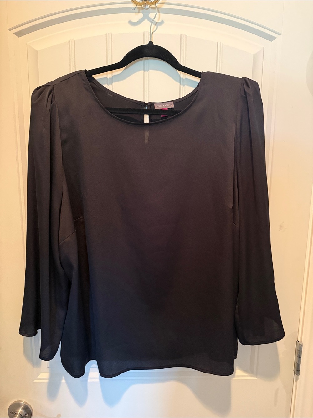 Vince Camuto Black Sheer Long-Sleeve Blouse with Subtle Shoulder Pleats